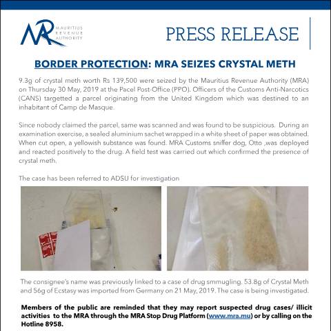 Document preview: MRA seizes Crystal Meth (30.05.19) — Document, Mauritius (CERFA n°PressRelease300519)