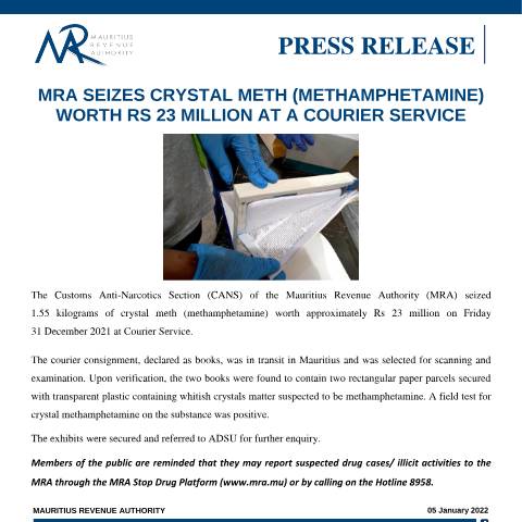 Document preview: MRA seizes Crystal Meth (Methamphetamine) worth Rs 23 Million at a courier service (05.01.22) — Document, Mauritius (CERFA n°PressRelease050122)