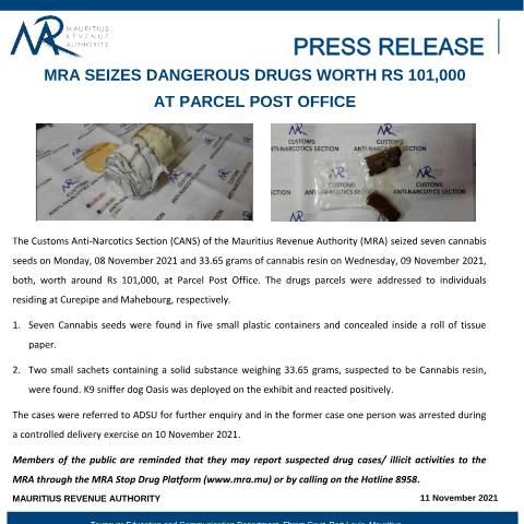 Document preview: MRA seizes dangerous drugs worth Rs 101,000 at Parcel Post Office (11.11.21) — Document, Mauritius (CERFA n°DrugSeizure111121)