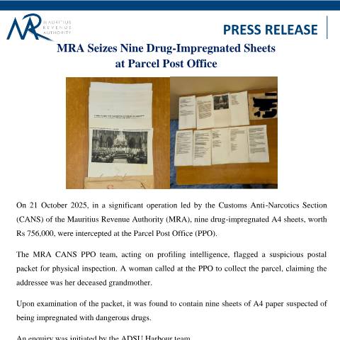 Document preview: MRA Seizes Nine Drug - Impregnated Sheets at Parcel Post Office (30.10.25) — Document, Mauritius (CERFA n°PressRelease2301025)