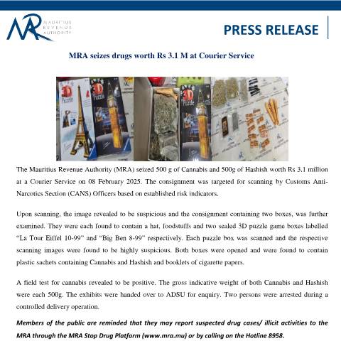 Document preview: MRA seizes drugs worth Rs 3.1 M at Courier Service (12.02.25) — Document, Mauritius (CERFA n°PressRelease120225)