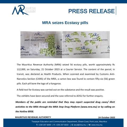Document preview: MRA seizes Ecstasy Pills (24.10.23) — Document, Mauritius (CERFA n°PressRelease241023)