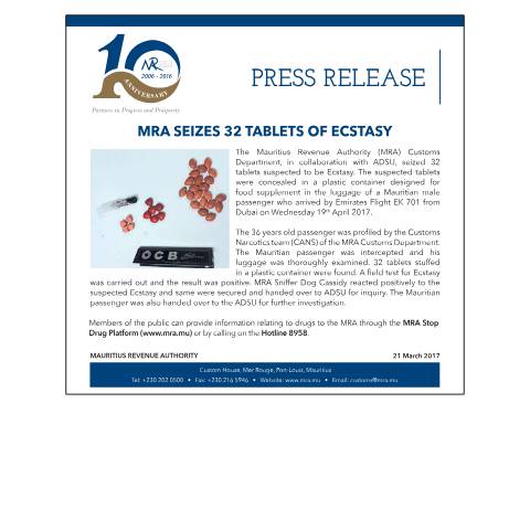 Document preview: MRA seizes 32 tablets of Ecstasy (21.04.17) — Document, Mauritius (CERFA n°DrugSeizure210417)