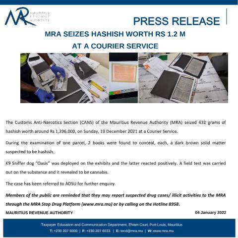 Document preview: MRA seizes Hashish worth Rs 1.2 M at a courier service (04.01.22) — Document, Mauritius (CERFA n°PressRelease040122)