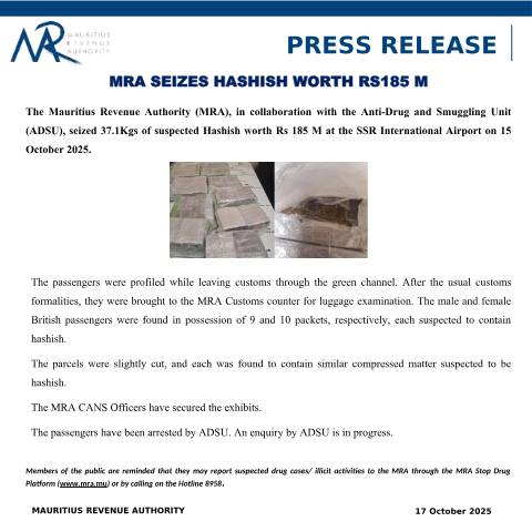 Document preview: MRA Seizes Hashish Worth Rs 185 M (17.10.25) — Document, Mauritius (CERFA n°PressRelease171025)