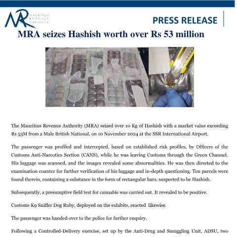 Document preview: MRA seizes Hashish worth over Rs 53 Million (12.11.24) — Document, Mauritius (CERFA n°PressRelease121124)