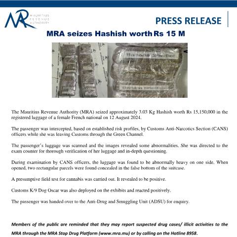 Document preview: MRA seizes Hashish worth Rs 15 M (12.08.24) — Document, Mauritius (CERFA n°PressRelease120824)