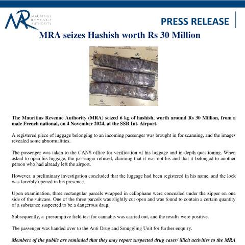 Document preview: MRA seizes Hashish worth Rs 30 Million (05.11.24) — Document, Mauritius (CERFA n°PressRelease051124)