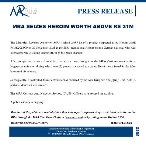 Document preview: MRA seizes heroin worth above Rs 31 M (28.11.25) — Document, Mauritius (CERFA n°PressRelease281125)