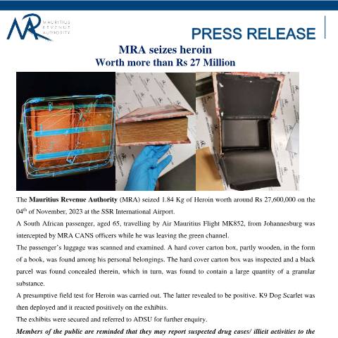 Document preview: MRA seizes heroin worth more than Rs 27 Million (08.11.23) — Document, Mauritius (CERFA n°PressRelease081123)