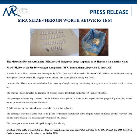 Document preview: MRA seizes heroin worth above Rs 16 m (17.07.25) — Document, Mauritius (CERFA n°PressRelease170725)