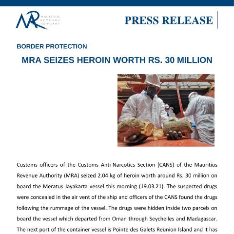 Document preview: MRA seizes heroin worth Rs. 30 Million (19.03.21) — Document, Mauritius (CERFA n°DrugSeizure190321)