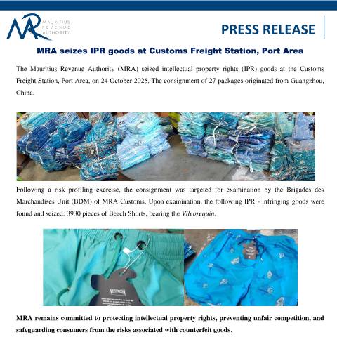 Document preview: MRA seizes IPR goods at Customs Freight Station, Port Area (14.11.25) — Document, Mauritius (CERFA n°PressRelease141125)