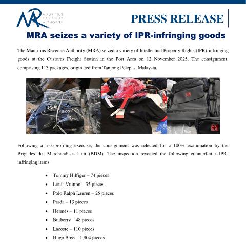 Document preview: MRA seizes a variety of IPR-infringing goods (01.12.25) — Document, Mauritius (CERFA n°PressRelease011225)