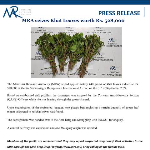 Document preview: MRA seizes Khat Leaves worth Rs. 528,000 (02.09.24) — Document, Mauritius (CERFA n°PressRelease020924)