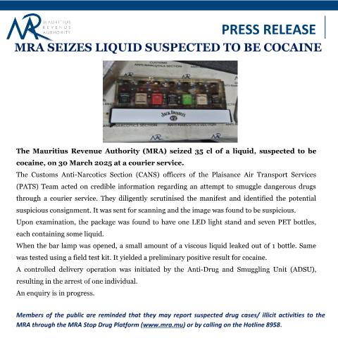 Document preview: MRA seizes liquid suspected to be cocaine (04.04.25) — Document, Mauritius (CERFA n°PressRelease040425)