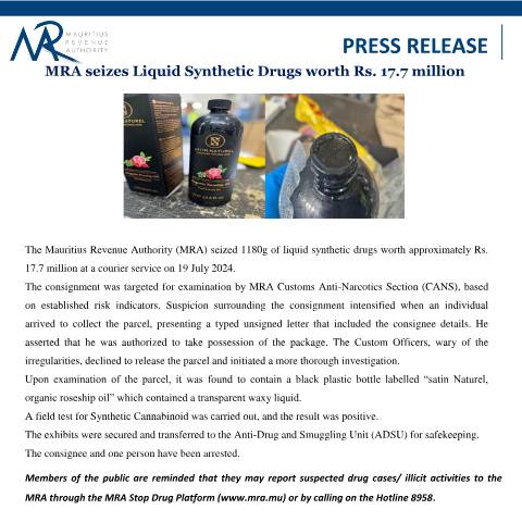 Document preview: MRA seizes Liquid Synthetic Drugs worth Rs. 17.7 million (30.07.24) — Document, Mauritius (CERFA n°PressRelease300724)