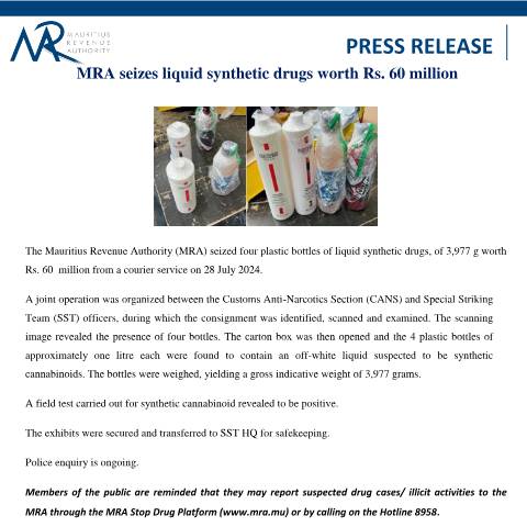 Document preview: MRA seizes liquid synthetic drugs worth Rs. 60 million (01.08.24) — Document, Mauritius (CERFA n°PressRelease010824)