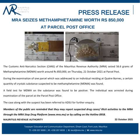 Document preview: MRA seizes Methamphetamine worth Rs 850,000 at Parcel Post Office (22.10.21) — Document, Mauritius (CERFA n°PressRelease221021)