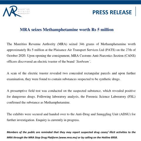 Document preview: MRA seizes Methamphetamine worth Rs 5 million (07.02.25) — Document, Mauritius (CERFA n°PressRelease1070225)