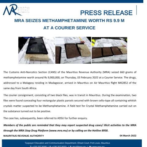 Document preview: MRA seizes Methamphetamine worth Rs 9.9 m at a courier service (04.03.22) — Document, Mauritius (CERFA n°PressRelease040322)