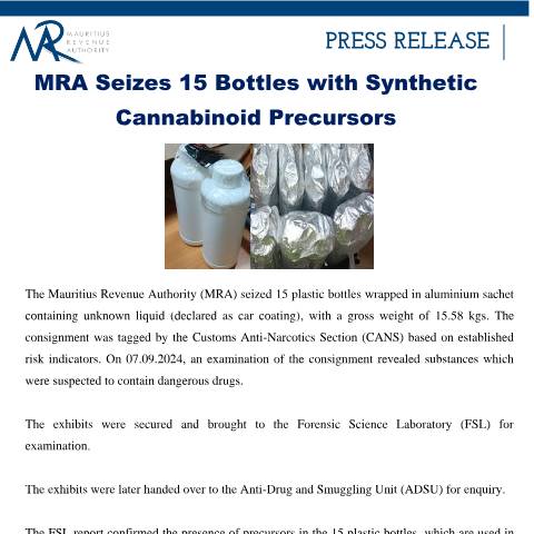 Document preview: MRA Seizes 15 Bottles with Synthetic Cannabinoid Precursors (25.01.25) — Document, Mauritius (CERFA n°PressRelease250125)