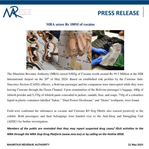 Document preview: MRA seizes Rs 100M of cocaine (21.05.24) — Document, Mauritius (CERFA n°PressRelease210524)
