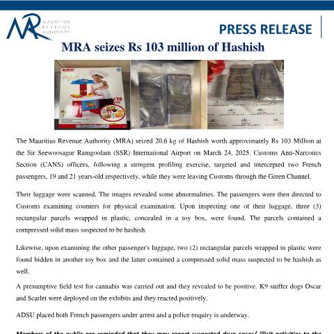 Document preview: MRA seizes Rs 103 million of Hashish (24.03.25) — Document, Mauritius (CERFA n°PressRelease240324)