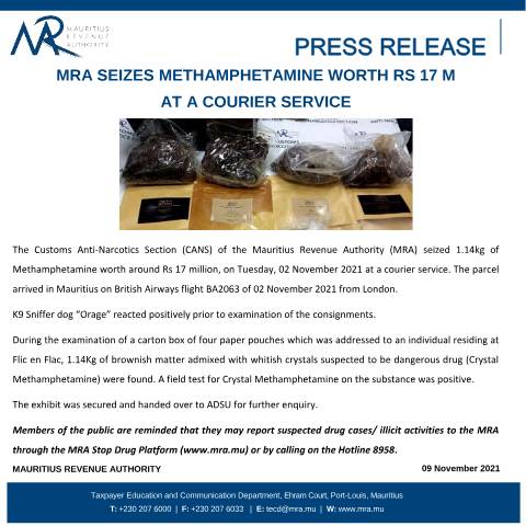Document preview: MRA seizes Methamphetamine worth Rs 17 M at a courier service (09.11.21) — Document, Mauritius (CERFA n°PressRelease091121)