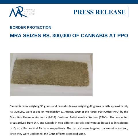 Document preview: MRA seizes Rs. 300,000 of Cannabis at PPO (22.08.19) — Document, Mauritius (CERFA n°MRAPressRelease220819)