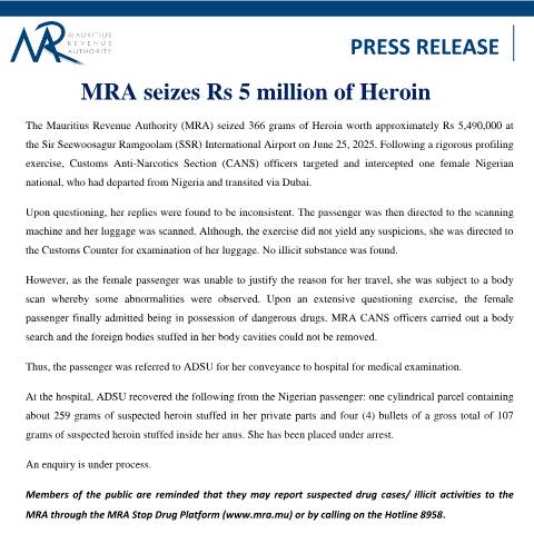 Document preview: MRA Seizes Rs. 5 Million of Heroin (01.07.25) — Document, Mauritius (CERFA n°PressRelease010725)