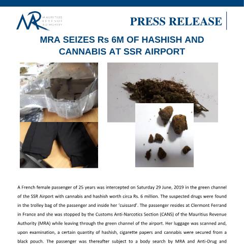 Document preview: MRA seizes Rs 6M of Hashish and Cannabis at SSR Airport (02.07.19) — Document, Mauritius (CERFA n°PressRelease020719)