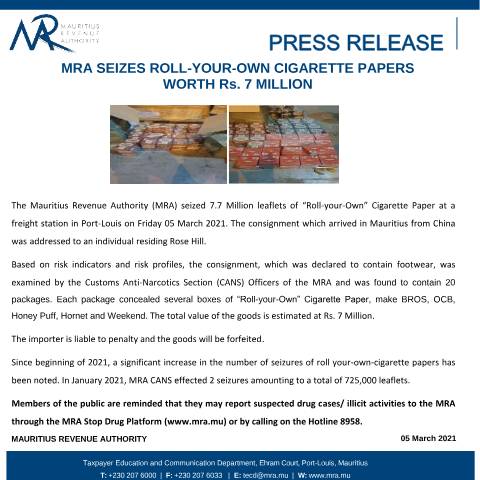 Document preview: MRA seizes Roll-Your-Own cigarette papers worth Rs. 7 million (05.03.21) — Document, Mauritius (CERFA n°PressRelease050321)
