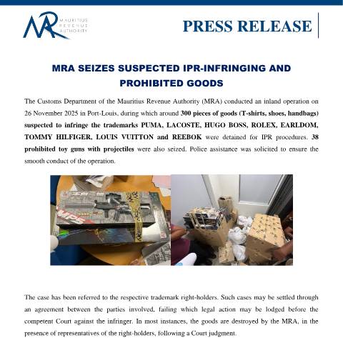 Document preview: MRA Seizes suspected IPR-Infringing and Prohibited Goods (08.12.25) — Document, Mauritius (CERFA n°PressRelease081225)