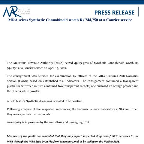 Document preview: MRA seizes Synthetic Cannabinoid worth Rs 744,750 at a Courier service (07.02.25) — Document, Mauritius (CERFA n°PressRelease2070225)