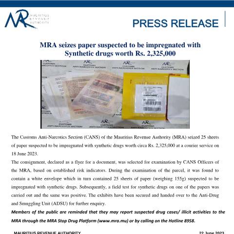 Document preview: MRA seizes paper suspected to be impregnated with Synthetic drugs worth Rs. 2,325,000 (22.06.23) — Document, Mauritius (CERFA n°PressRelease220623)