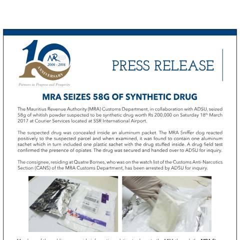 Document preview: MRA seizes 58g of synthetic drug (22.03.17) — Document, Mauritius (CERFA n°PressRelease220317)