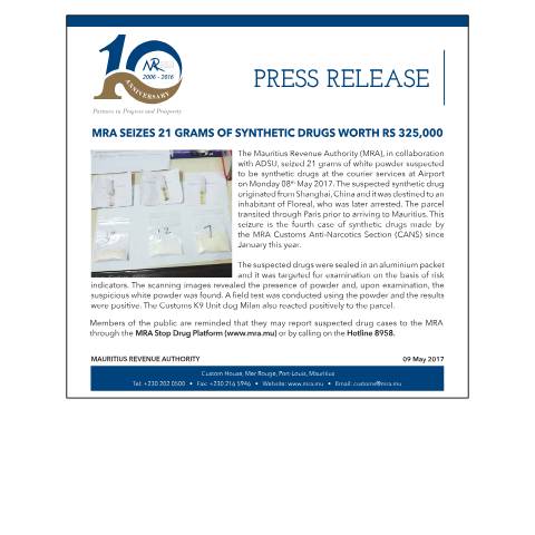 Document preview: MRA Seizes 21 grams of Synthetic drugs worth Rs 325,000 (10.05.17) — Document, Mauritius (CERFA n°DrugSeizure090517)