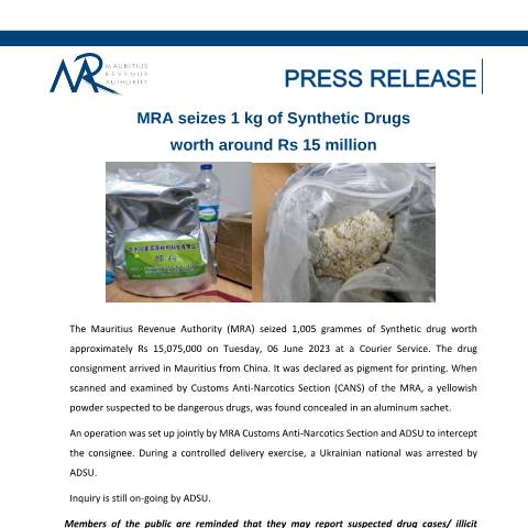 Document preview: MRA seizes 1 kg of Synthetic Drugs worth around Rs 15 million (08.06.23) — Document, Mauritius (CERFA n°PressRelease080623)
