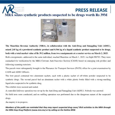 Document preview: MRA seizes synthetic products suspected to be drugs worth Rs 39M (11.03.25) — Document, Mauritius (CERFA n°PressRelease110325)