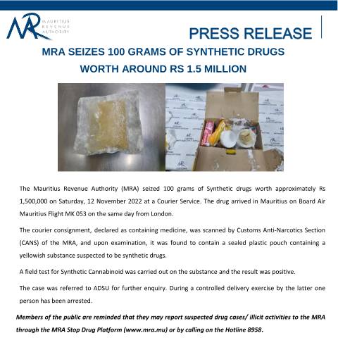 Document preview: MRA seizes 100 grams of synthetic drugs worth around Rs 1.5 million (16.11.22) — Document, Mauritius (CERFA n°PressRelease151122)