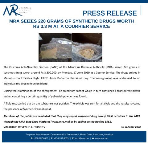 Document preview: MRA seizes 220 grams of synthetic drugs worth&nbsp;Rs 3.3 M at a courier service (19.01.22) — Document, Mauritius (CERFA n°PressRelease190122)