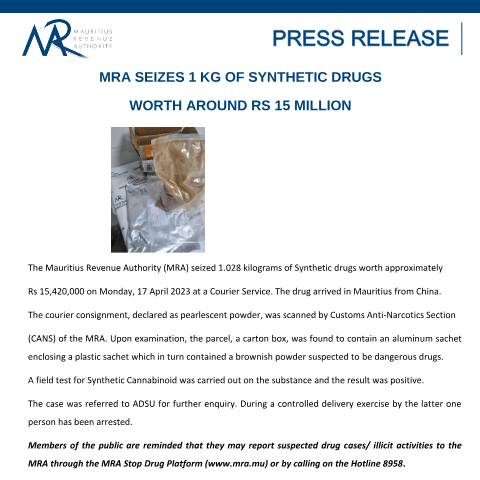 Document preview: MRA seizes 1 Kg of synthetic drugs worth around Rs 15 million (20.04.23) — Document, Mauritius (CERFA n°PressRelease200423)