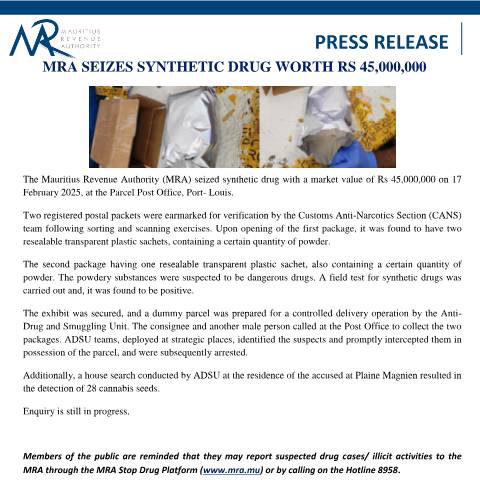 Document preview: MRA seizes synthetic drugs worth Rs 45,000,000 (20.02.25) — Document, Mauritius (CERFA n°DrugsSeizure200224)