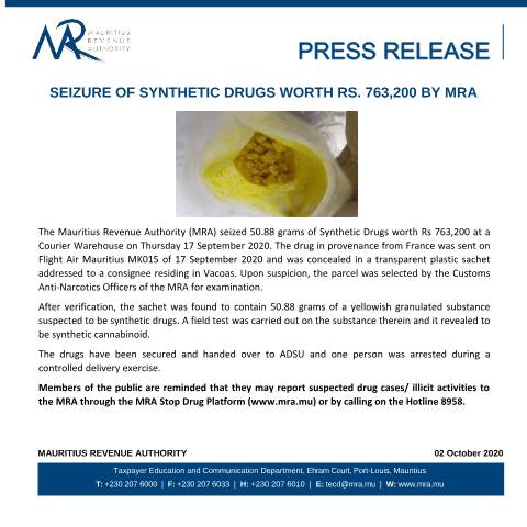 Document preview: Seizure of synthetic drugs worth Rs. 763, 200 by the MRA (02.10.20) — Document, Mauritius (CERFA n°PressRelease021020)
