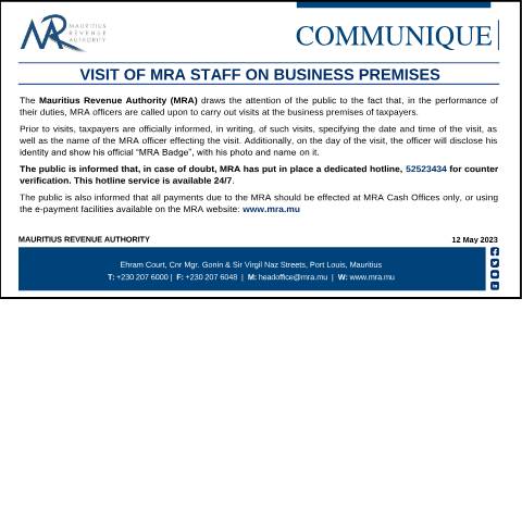 Document preview: Visit of MRA staff on business premises (12.05.23) — Notice / Circular, Mauritius (CERFA n°Communique120523)