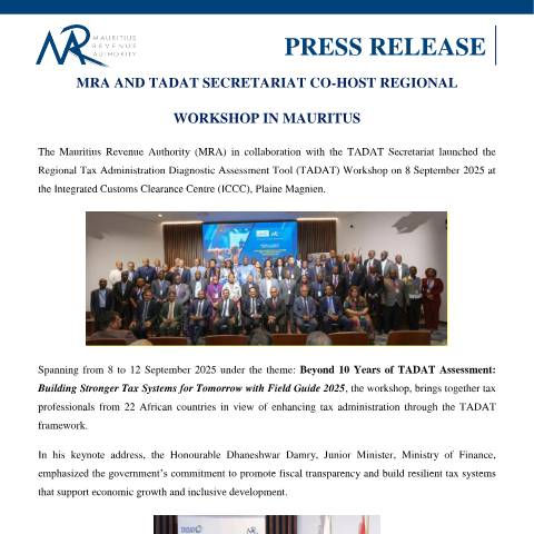 Document preview: MRA and TADAT Secretariat : Co-Host Workshop in Mauritius (08.09.25) — Document, Mauritius (CERFA n°PressRelease080925)