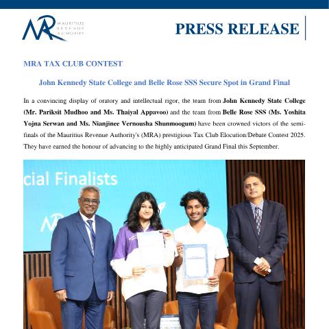 Document preview: MRA Tax Club Contest : John Kennedy State College and Belle Rose SSS Secure Spot in Grand Final (27.08.25) — Document, Mauritius (CERFA n°PressRelease270825)
