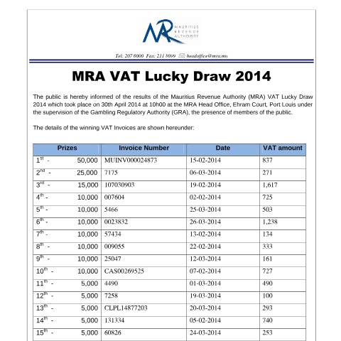 Document preview: Winners of the MRA VAT Lucky Draw 2014 (30.04.14) — Notice / Circular, Mauritius (CERFA n°VLDScommunique)