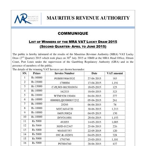 Document preview: Winners of the MRA VAT Lucky Draw 2015 - Second Quarter (30.07.15) — Document, Mauritius (CERFA n°VLDSWinners300715)
